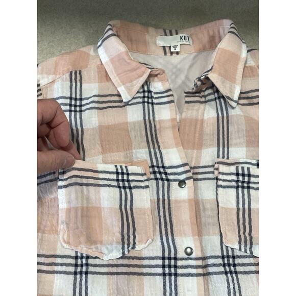 Kut from the Kloth Plaid Snap Button Up Shirt Size Medium Long Sleeve Preppy - Picture 12 of 16